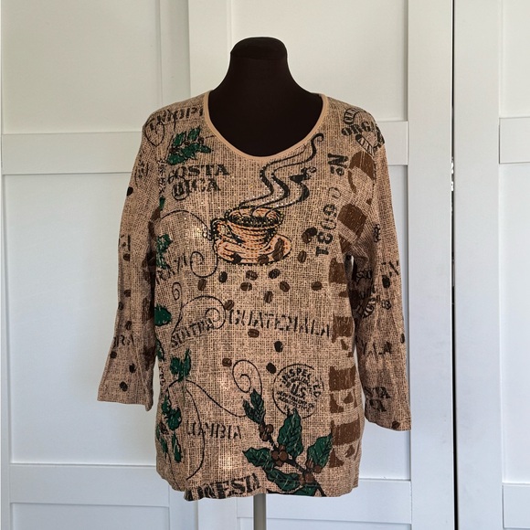 Cactus Bay Apparel Coffee Embellished Top Shirt 3/4 sleeves - Picture 6 of 7